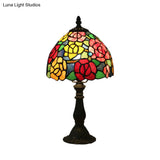 Tiffany-Style Cut Glass Bronze 1-Head Night Table Light With Yellow/Orange/Purple Rose Patterned