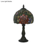 Tiffany-Style Cut Glass Bronze 1-Head Night Table Light With Yellow/Orange/Purple Rose Patterned