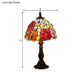 Tiffany-Style Cut Glass Bronze 1-Head Night Table Light With Yellow/Orange/Purple Rose Patterned