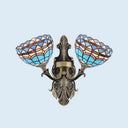 Tiffany Style Cut Glass Wall Sconce With Blossom/Domed Design - White/Red/Yellow 2 Lights Curved Arm