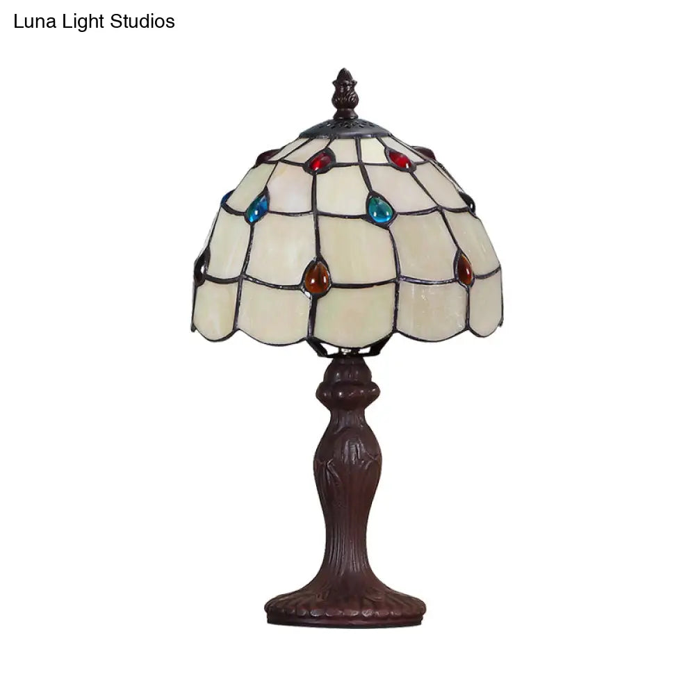 Tiffany Style Dark Brown Stained Glass Table Lamp With Jewel-Embellished Scalloped Shade