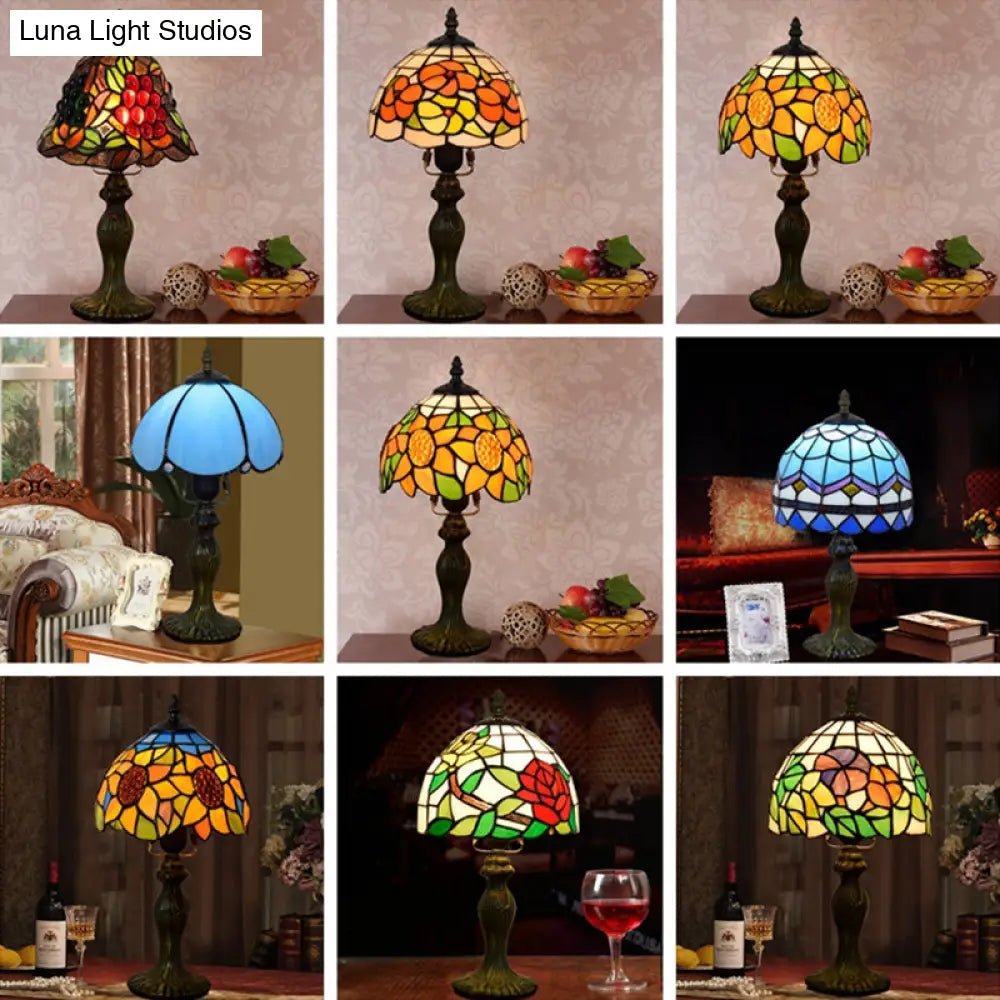 Tiffany Style Dome Table Lamp For Bedroom - Single-Bulb Stained Art Glass Nightstand Light