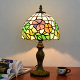 Tiffany Style Dome Table Lamp For Bedroom - Single-Bulb Stained Art Glass Nightstand Light Green