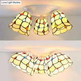 Tiffany Style Domed Ceiling Fixture Stained Glass 3 Lights In Beige - 6’/8’ Wide