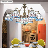 Tiffany Style Domed Chandelier - Mermaid Blue Ceiling Lamp With Cut Glass 7/9 Lights