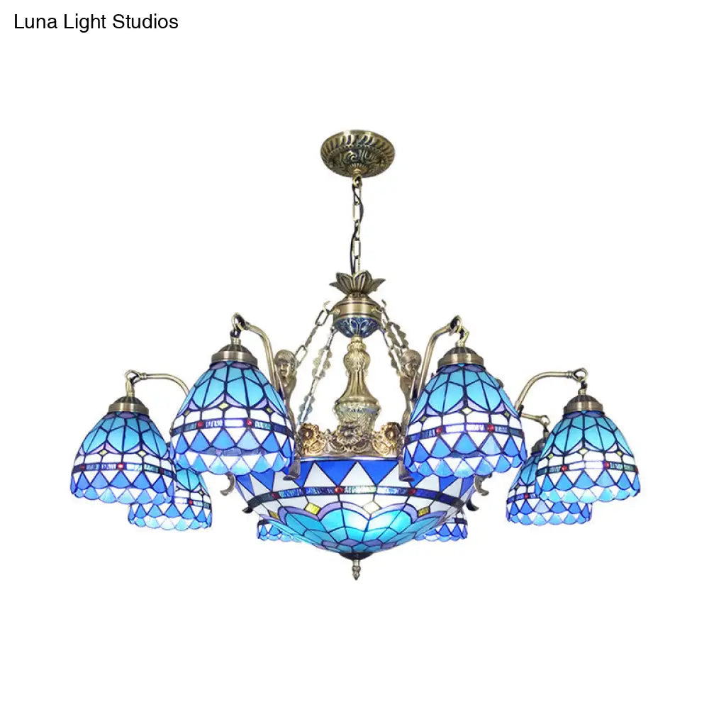 Tiffany Style Domed Chandelier - Mermaid Blue Ceiling Lamp With Cut Glass 7/9 Lights