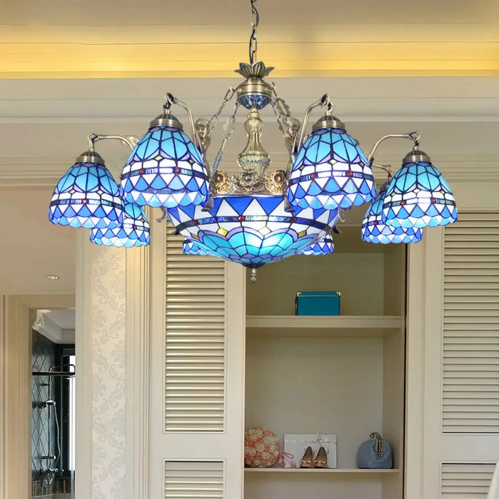 Tiffany Style Domed Chandelier - Mermaid Blue Ceiling Lamp With Cut Glass 7/9 Lights 9 /