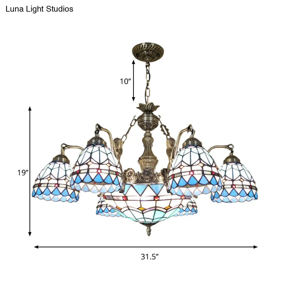 Tiffany Style Domed Chandelier - Mermaid Blue Ceiling Lamp With Cut Glass 7/9 Lights
