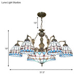 Tiffany Style Domed Chandelier - Mermaid Blue Ceiling Lamp With Cut Glass 7/9 Lights