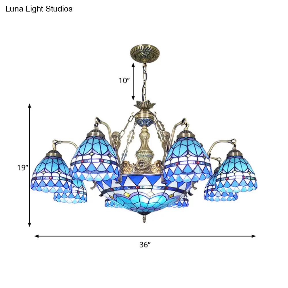 Tiffany Style Domed Chandelier - Mermaid Blue Ceiling Lamp With Cut Glass 7/9 Lights