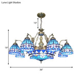 Tiffany Style Domed Chandelier - Mermaid Blue Ceiling Lamp With Cut Glass 7/9 Lights