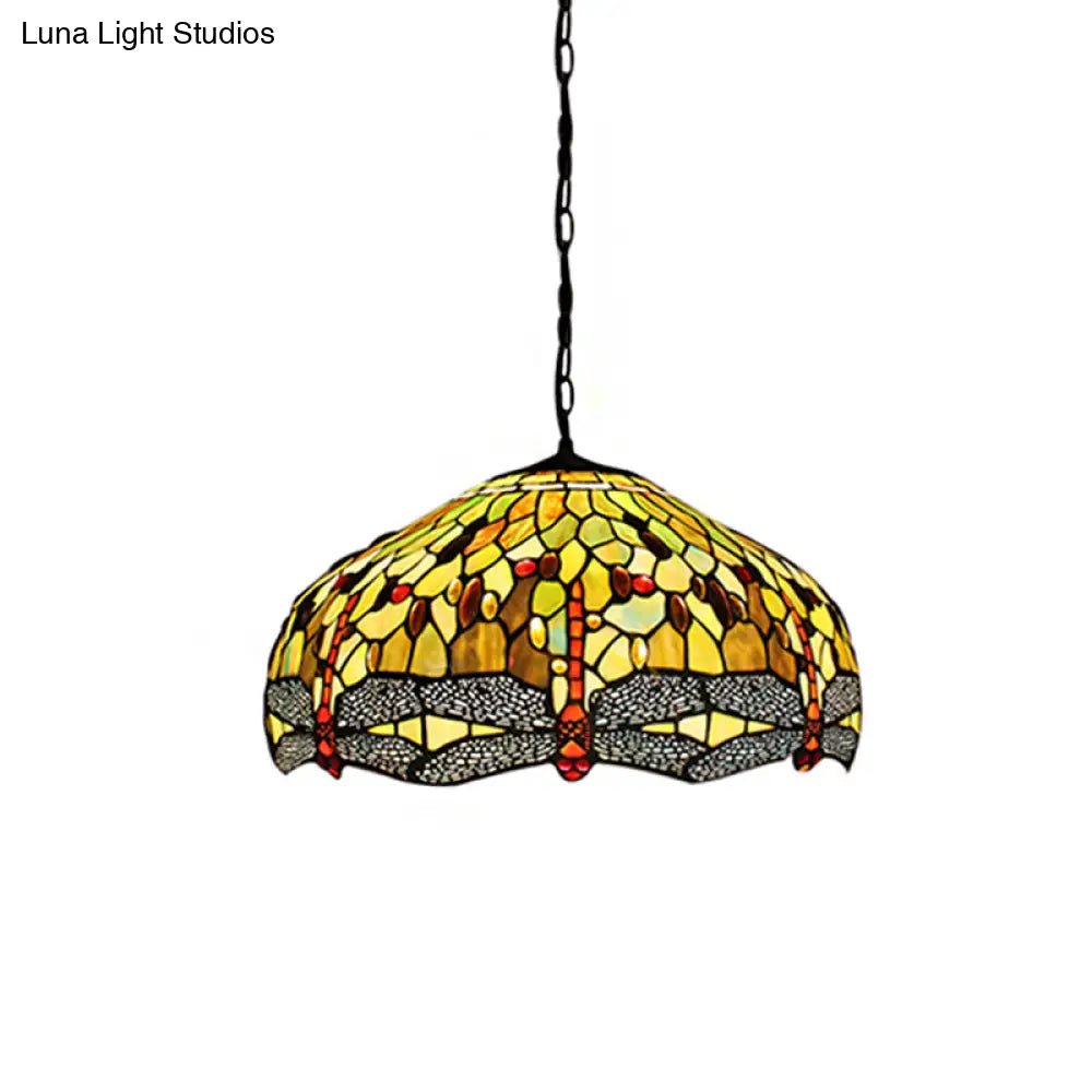 Tiffany-Style Domed Pendant Light With Dragonfly Pattern - Yellow Stained Glass 2 Bulbs