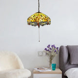 Tiffany-Style Domed Pendant Light With Dragonfly Pattern - Yellow Stained Glass 2 Bulbs