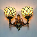 Tiffany Style Double Sconce Light: Beaded Wall Lighting With Stained Glass Bowl Shade In Beige