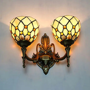 Tiffany Style Double Sconce Light: Beaded Wall Lighting With Stained Glass Bowl Shade In Beige