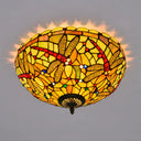 Tiffany - Style Dragonfly Cut Glass Ceiling Lamp - Bronze Flush Mount With 3 Heads Elegant Light