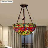 Tiffany Style Dragonfly Semi-Flush Ceiling Light With 2 Red/Orange Cut Glass Lights And Bronze