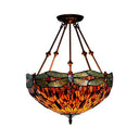 Tiffany Style Dragonfly Semi-Flush Ceiling Light With 2 Red/Orange Cut Glass Lights And Bronze