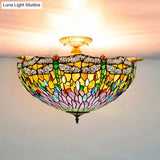 Tiffany - Style Dragonfly Stained Art Glass Ceiling Flush Mount With 5 Red/Blue Heads