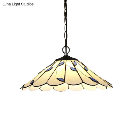 Tiffany-Style Flared Pendant Ceiling Light - Beige Stained Glass With Leaf Pattern