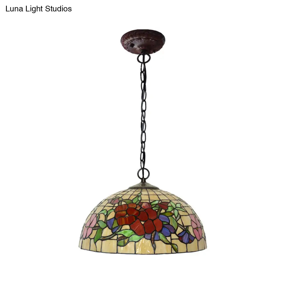 Tiffany-Style Floral Chandelier - 2 Red/Pink Stained Glass Lights for Kitchen