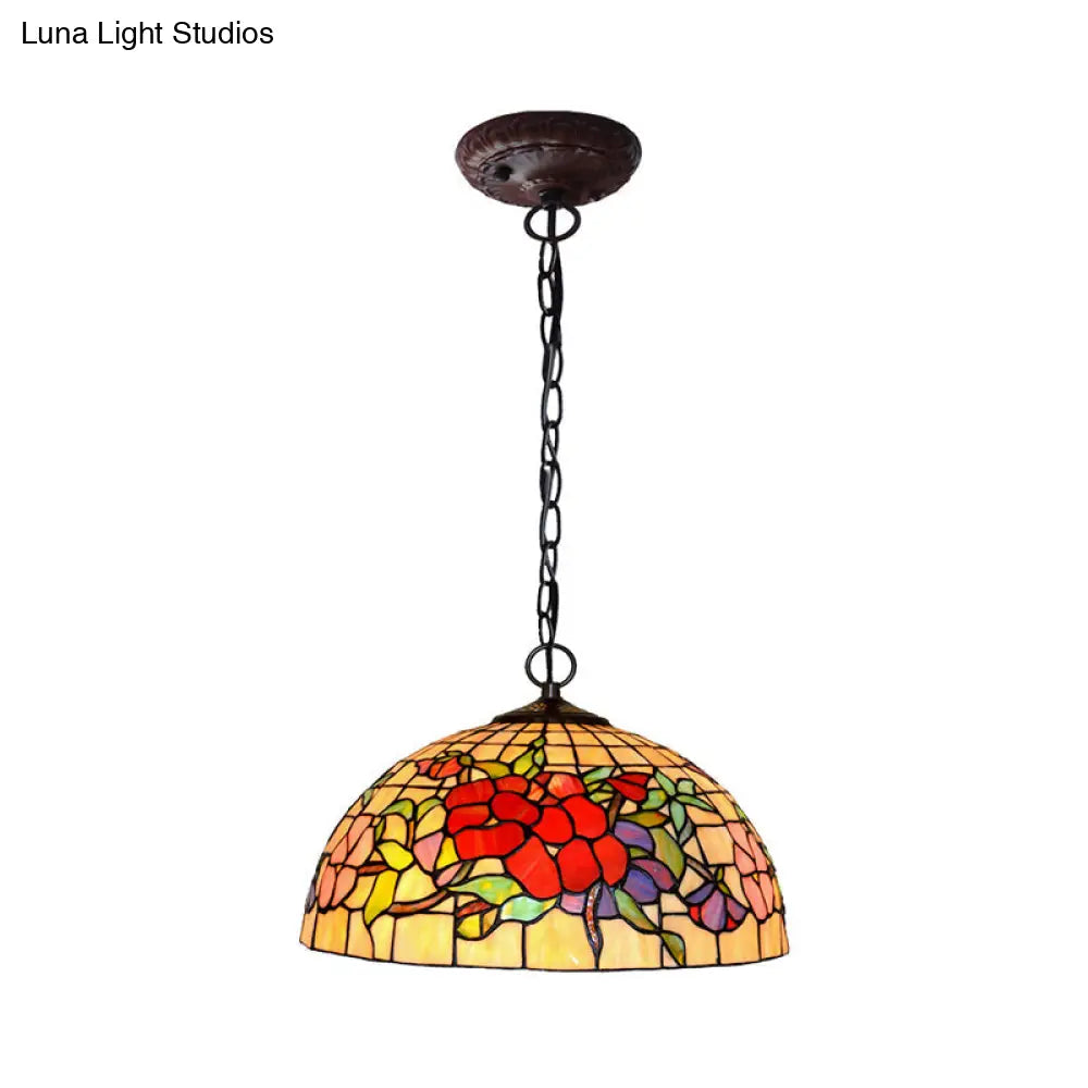 Tiffany-Style Floral Chandelier - 2 Red/Pink Stained Glass Lights for Kitchen
