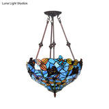 Tiffany Style Flower Cut Glass Semi Mount Ceiling Flush Light - Red/Orange/Blue 2 Lights Bronze