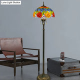Tiffany Style Glass Floor Lamp With Pull Chain - 3 Bulbs Flower/Grapes Design In Blue/Green Or