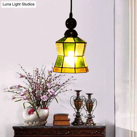 Tiffany Style Green Frosted Glass Geometric Pendant Light - Ideal For Bedroom