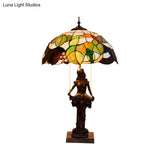 Tiffany Style Green Glass Grapevine Night Lamp With Pull Chain And Reading Girl Base