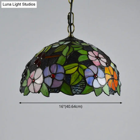 Tiffany-Style Green Stained Glass Bowl Pendant Light With 1 Hanging Lamp