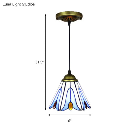 Tiffany-Style Handcrafted Blue Art Glass Pendant Ceiling Lamp With Flower Pattern - Wide Flare 1