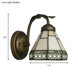 Tiffany Style Mini Wall Sconce: Curved Brass Arm 1 Light Art Glass Lighting