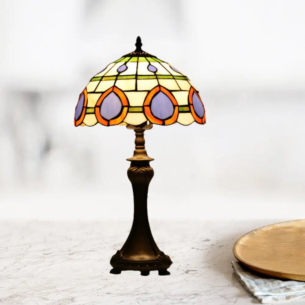 Tiffany Style Painted Diamond Grid Glass Table Lamp With Bronze Base - 1 Head Nightstand Light