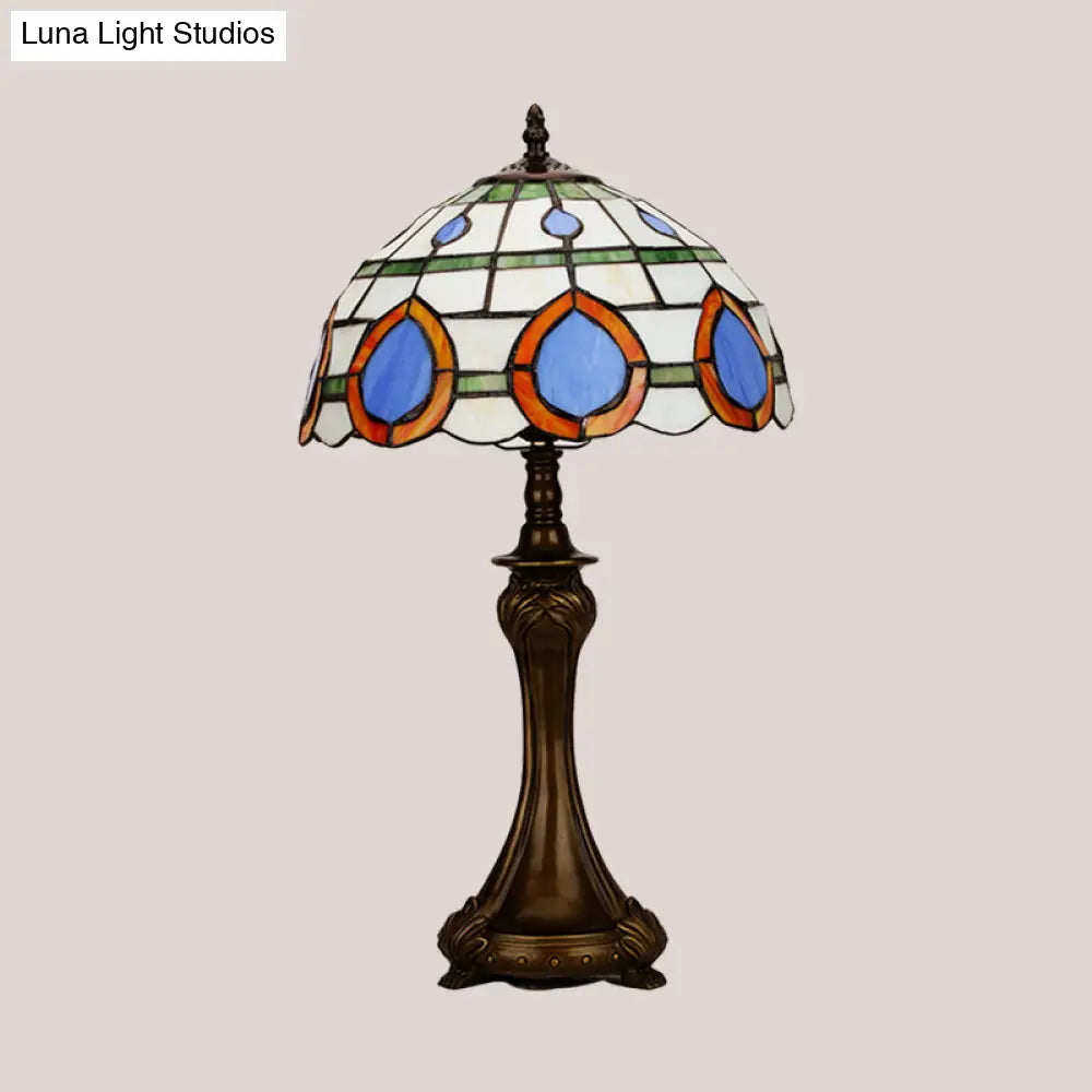 Tiffany Style Painted Diamond Grid Glass Table Lamp With Bronze Base - 1 Head Nightstand Light