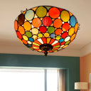 Tiffany Style Red Flushmount Bedroom Light Fixture - 2/3 Lights Dome Stained Glass Shade