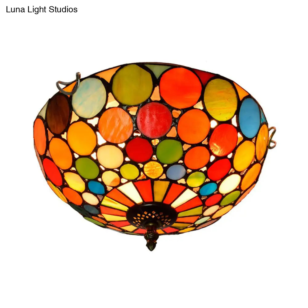 Tiffany Style Red Flushmount Bedroom Light Fixture - 2/3 Lights Dome Stained Glass Shade
