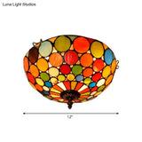 Tiffany Style Red Flushmount Bedroom Light Fixture - 2/3 Lights Dome Stained Glass Shade