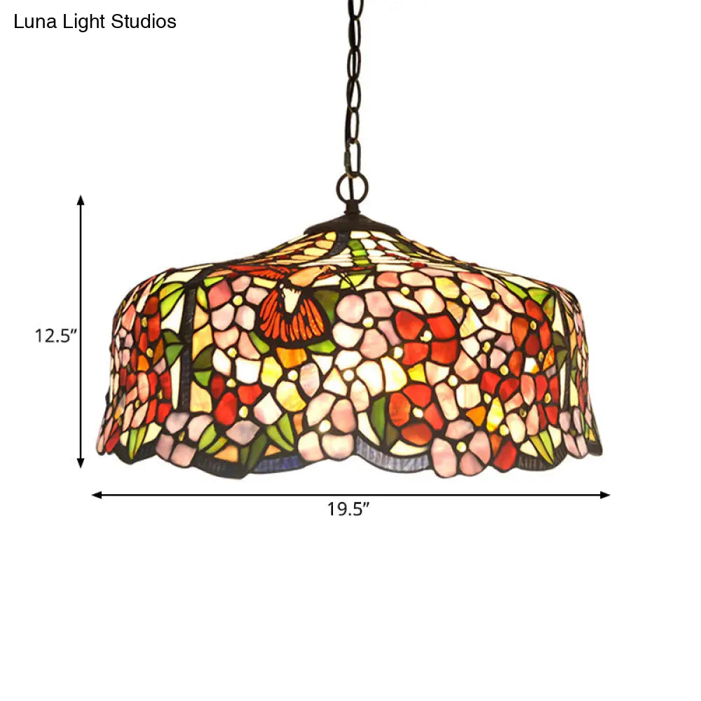 Tiffany-Style Red Stained Glass Floral Chandelier With 2/3 Lights 16“/19.5“ Wide