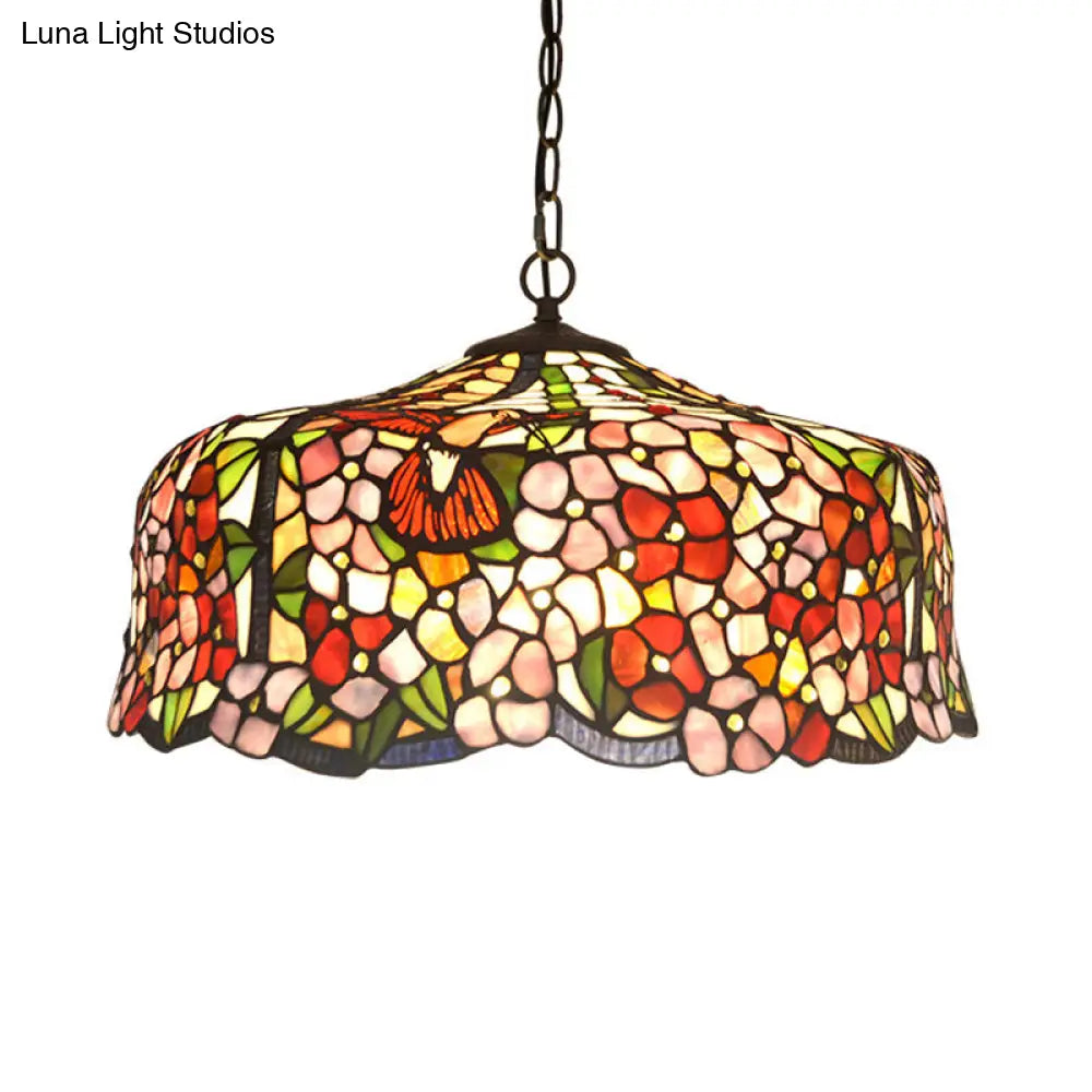 Tiffany-Style Red Stained Glass Floral Chandelier With 2/3 Lights 16“/19.5“ Wide