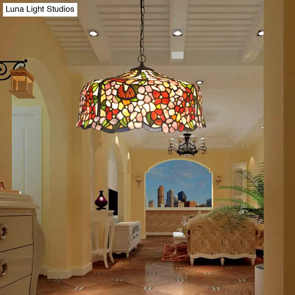 Tiffany-Style Red Stained Glass Floral Chandelier With 2/3 Lights 16“/19.5“ Wide