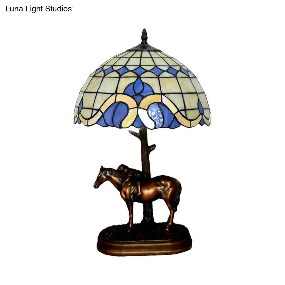 Tiffany-Style Resin Horse Table Lamp: Stained Glass Night Light With Grid Shade