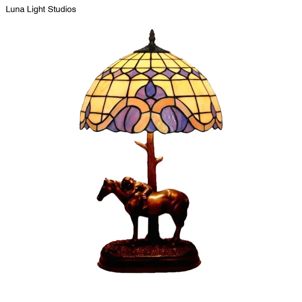 Tiffany-Style Resin Horse Table Lamp: Stained Glass Night Light With Grid Shade