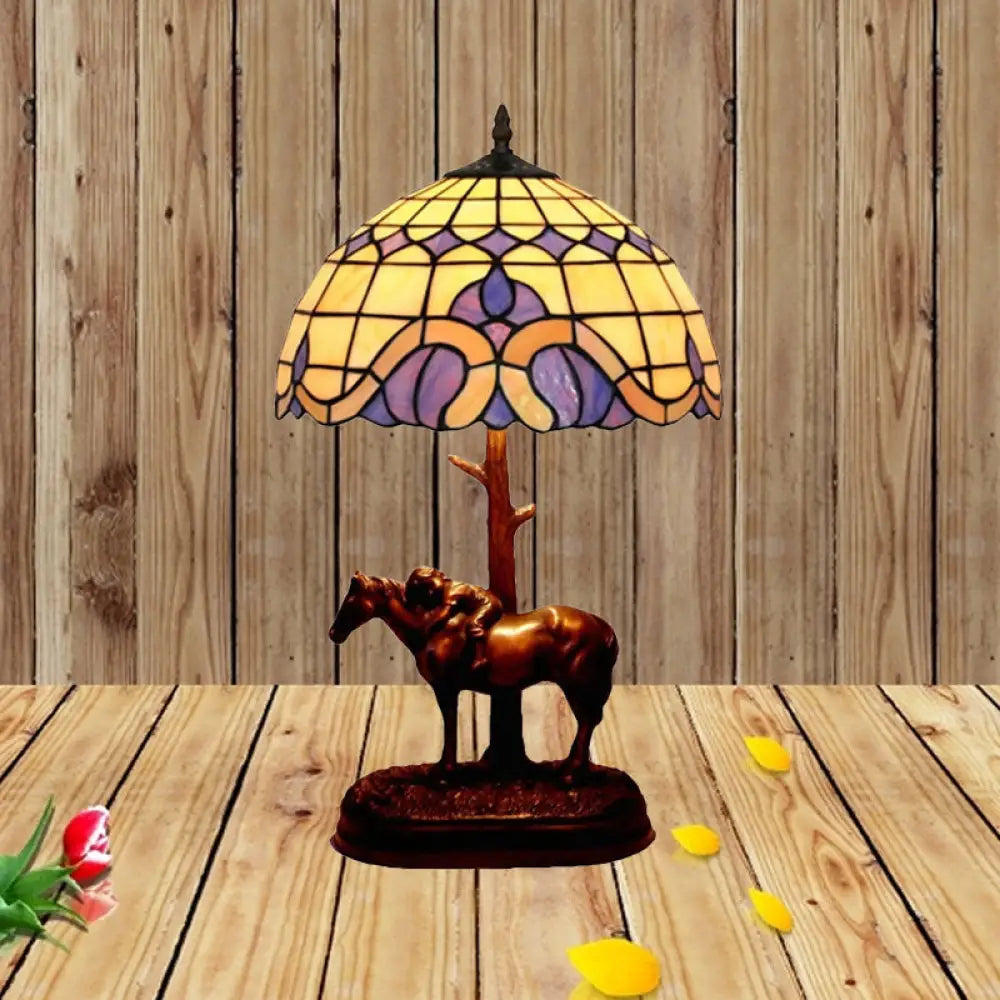 Tiffany-Style Resin Horse Table Lamp: Stained Glass Night Light With Grid Shade Coffee