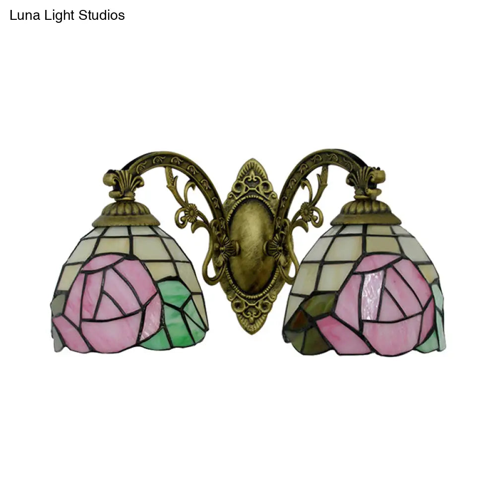 Tiffany Style Rose Pattern Wall Sconce - Stained Glass 2-Light Fixture In Bronze Finish