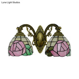 Tiffany Style Rose Pattern Wall Sconce - Stained Glass 2-Light Fixture In Bronze Finish