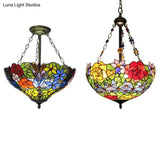 Tiffany Style Rustic Glass Pendant Light With Multi-Colored Flower Pattern For Dining Room Ceiling