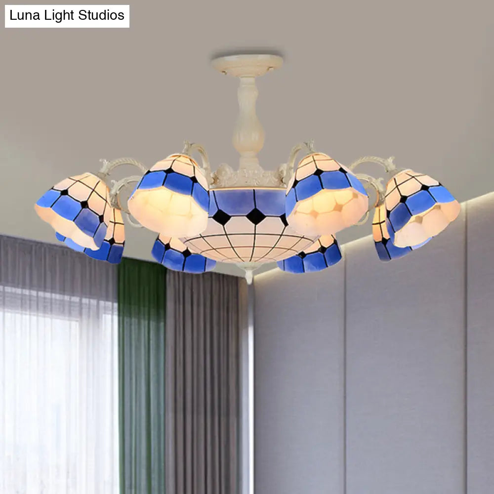 Tiffany - Style Semi Flush Ceiling Lamp: Grid Patterned Blue Cut Glass - Ideal For Living Room