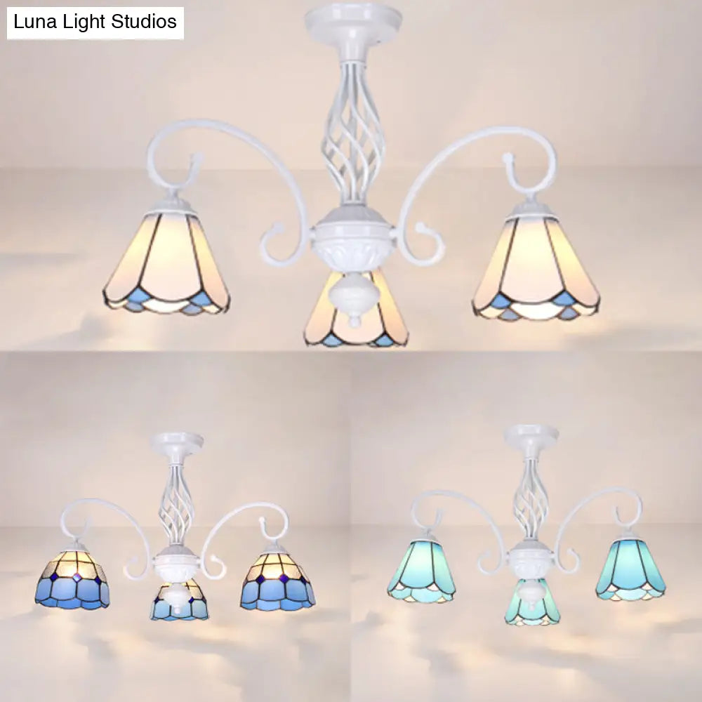 Tiffany Style Semi Flush Mount Light: 3/5-Light White/Blue/Sky Blue Shade For Living Room