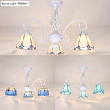 Tiffany Style Semi Flush Mount Light: 3/5-Light White/Blue/Sky Blue Shade For Living Room
